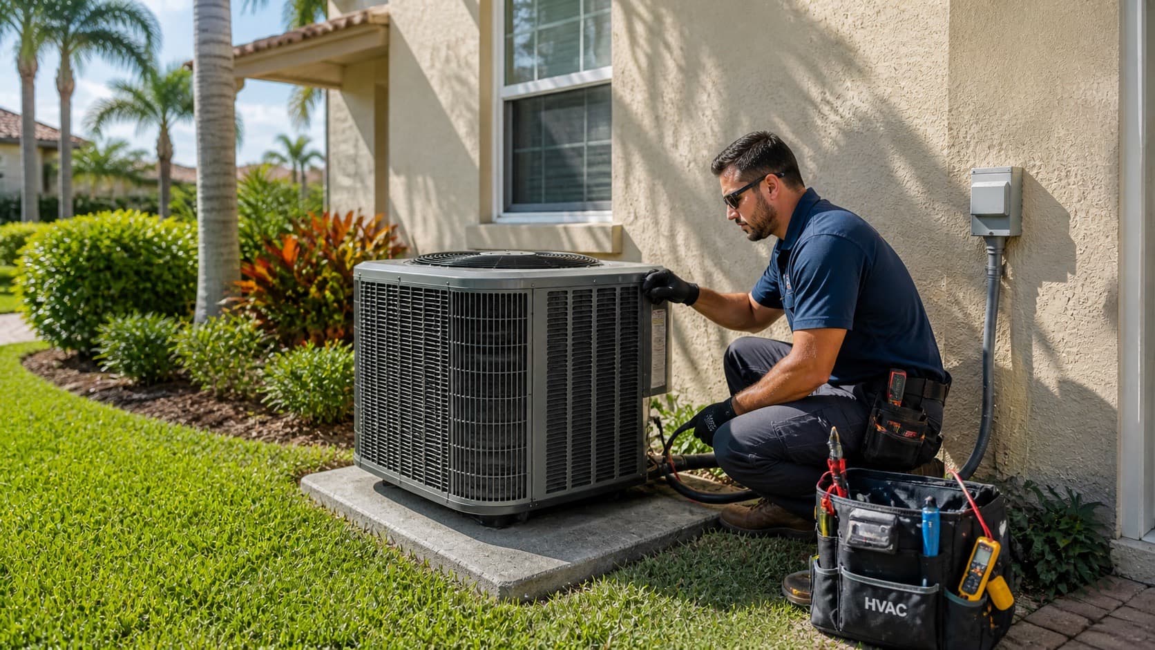 HVAC professional inspecting an outdoor condenser beside a Florida home