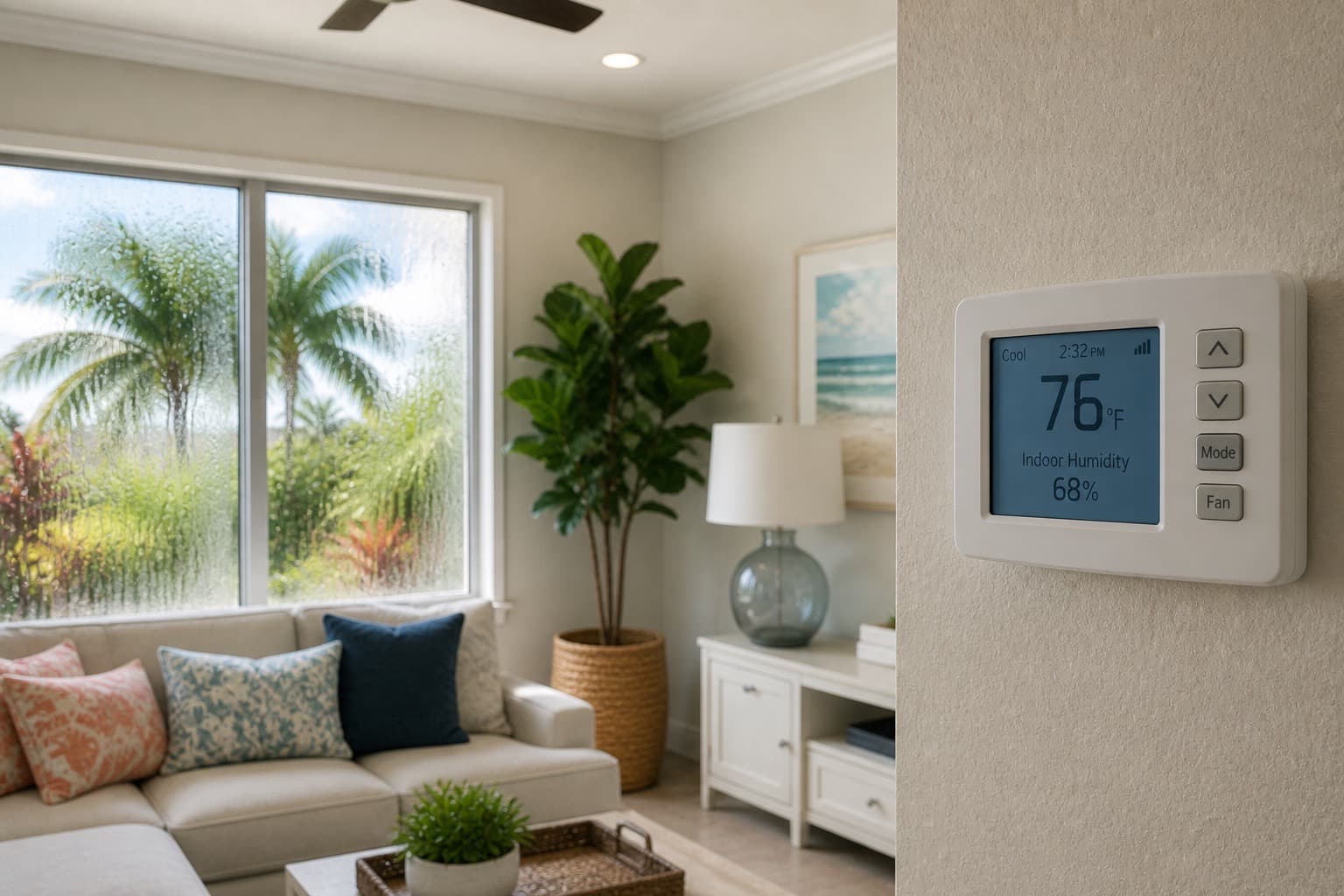 Humid Florida living room with thermostat and window condensation