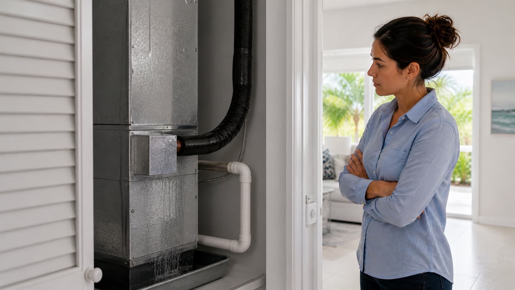 Homeowner listening to an outdoor AC condenser from a safe distance